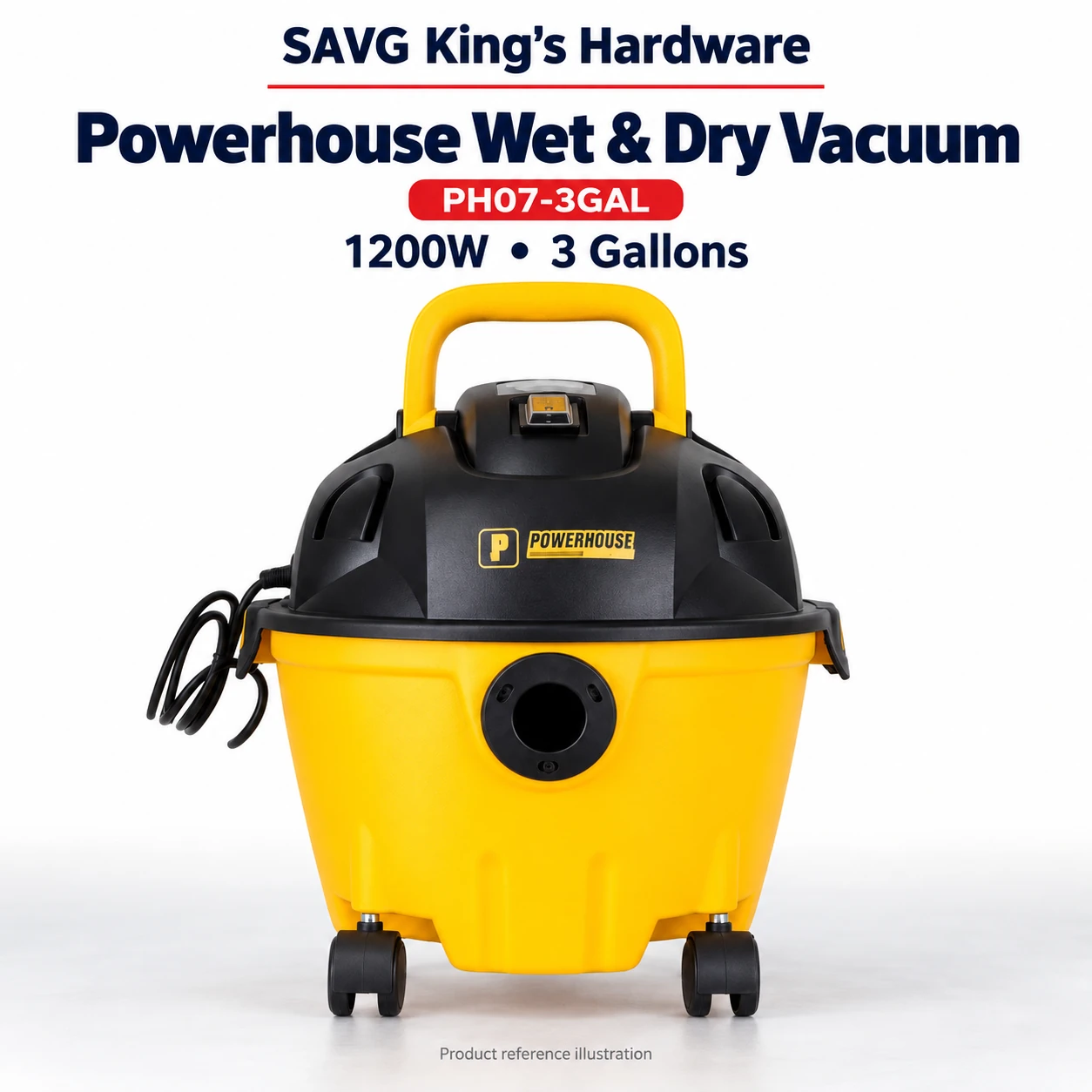 Powerhouse Wet & Dry Vacuum Cleaner PH07-3GAL 1200W 3 Gallons product reference illustration