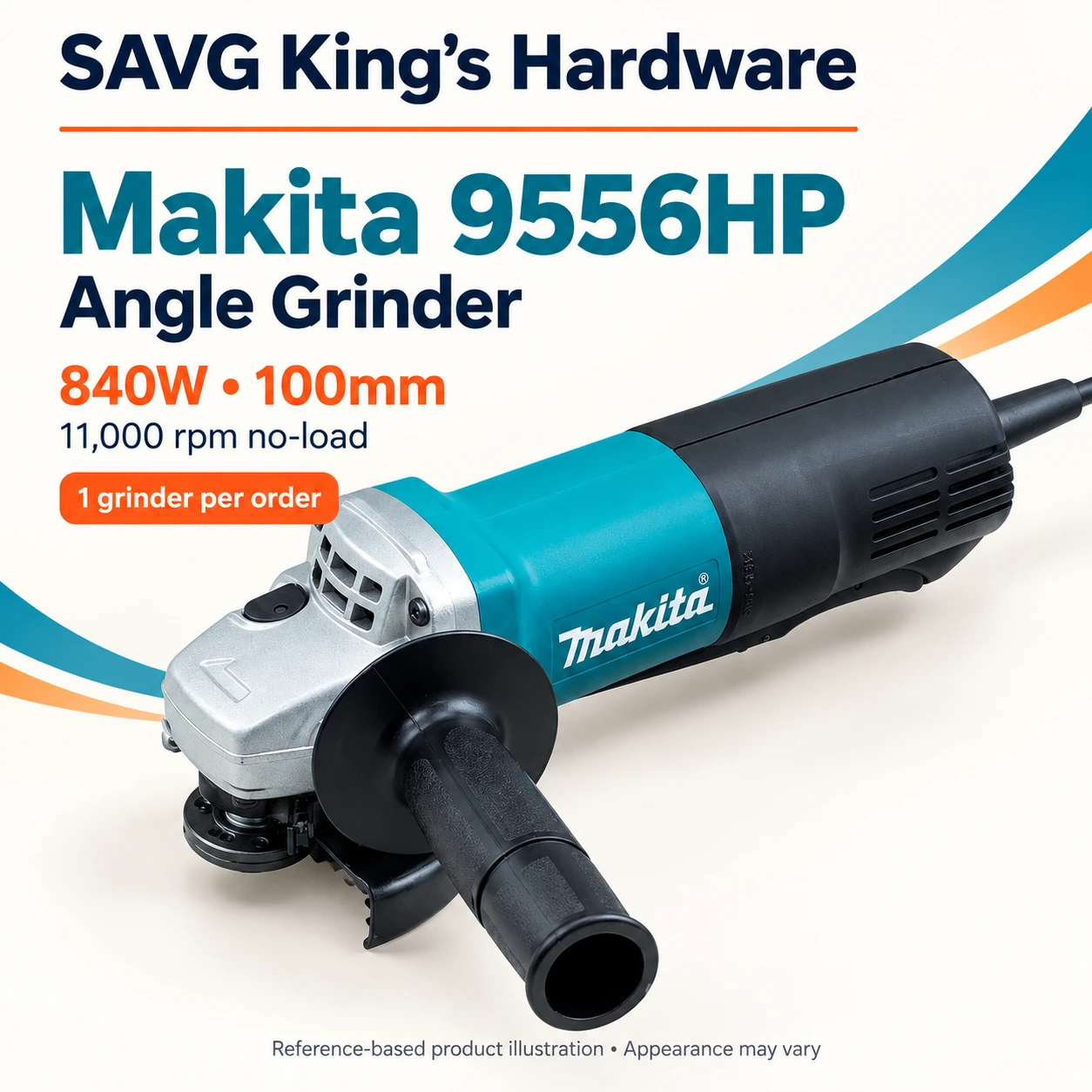 Makita 9556HP Angle Grinder 100mm, 840W — Paddle Switch — reference-based product illustration