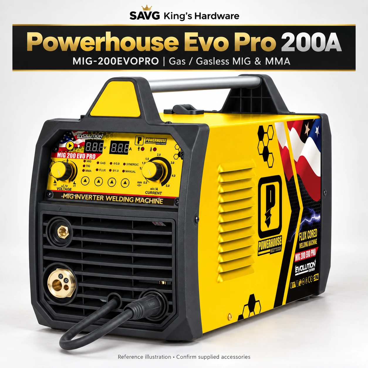 Powerhouse Evo Pro MIG-200EVOPRO gas / gasless welding machine — original reference illustration