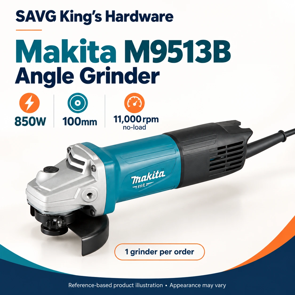 Makita M9513B Angle Grinder 100mm, 850W — Toggle Switch — reference-based product illustration