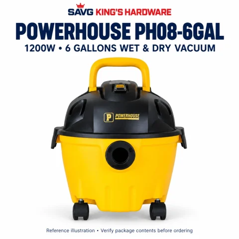 Powerhouse PH08-6GAL 1200W 6-Gallon Wet & Dry Vacuum Cleaner — SAVG King's Hardware model-reference illustration; verify box contents.