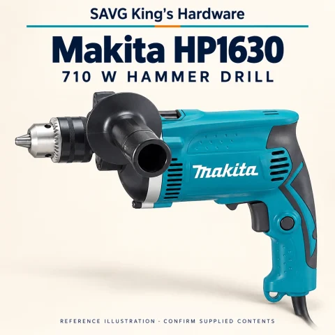 Makita HP1630 710W Corded Hammer Drill, 16mm Concrete Capacity — reference illustration by SAVG King's Hardware