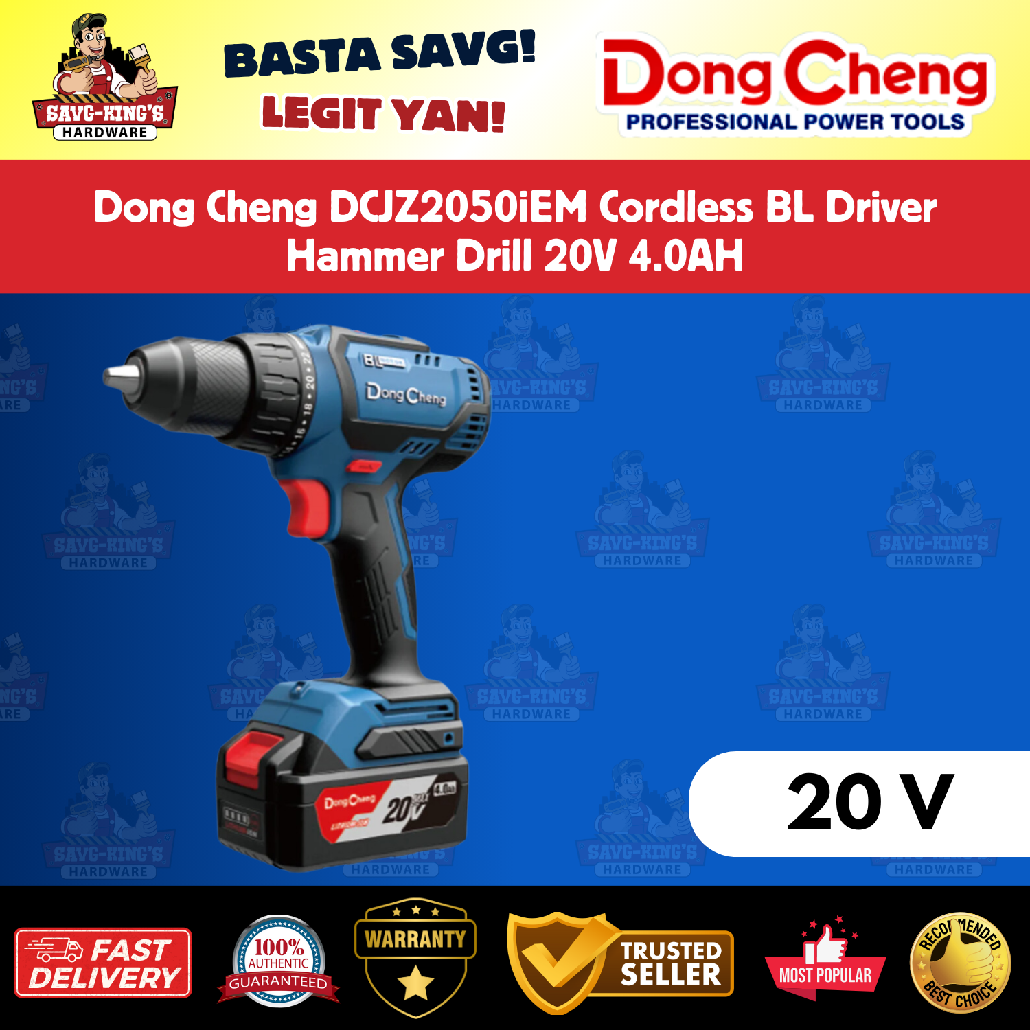 Dong Cheng DCJZ2050iEM Cordless BL Driver Hammer Drill 20V 4.0AH