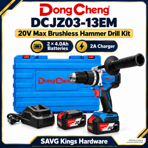 DongCheng DCJZ03-13EM drill kit, two 4.0Ah batteries and charger, reference-based product illustration.