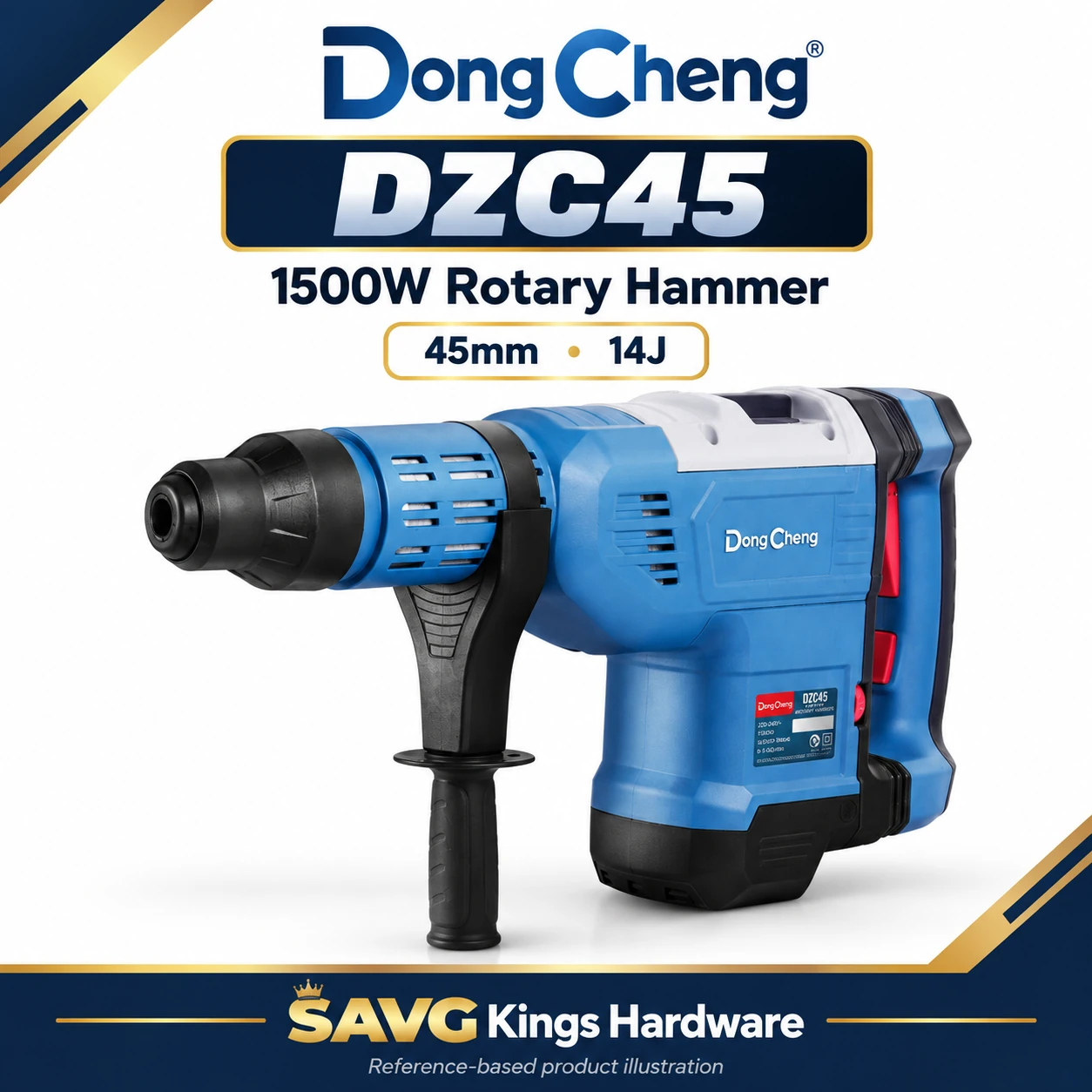 DongCheng DZC45 1500W 45mm 14J rotary hammer, reference-based product illustration.