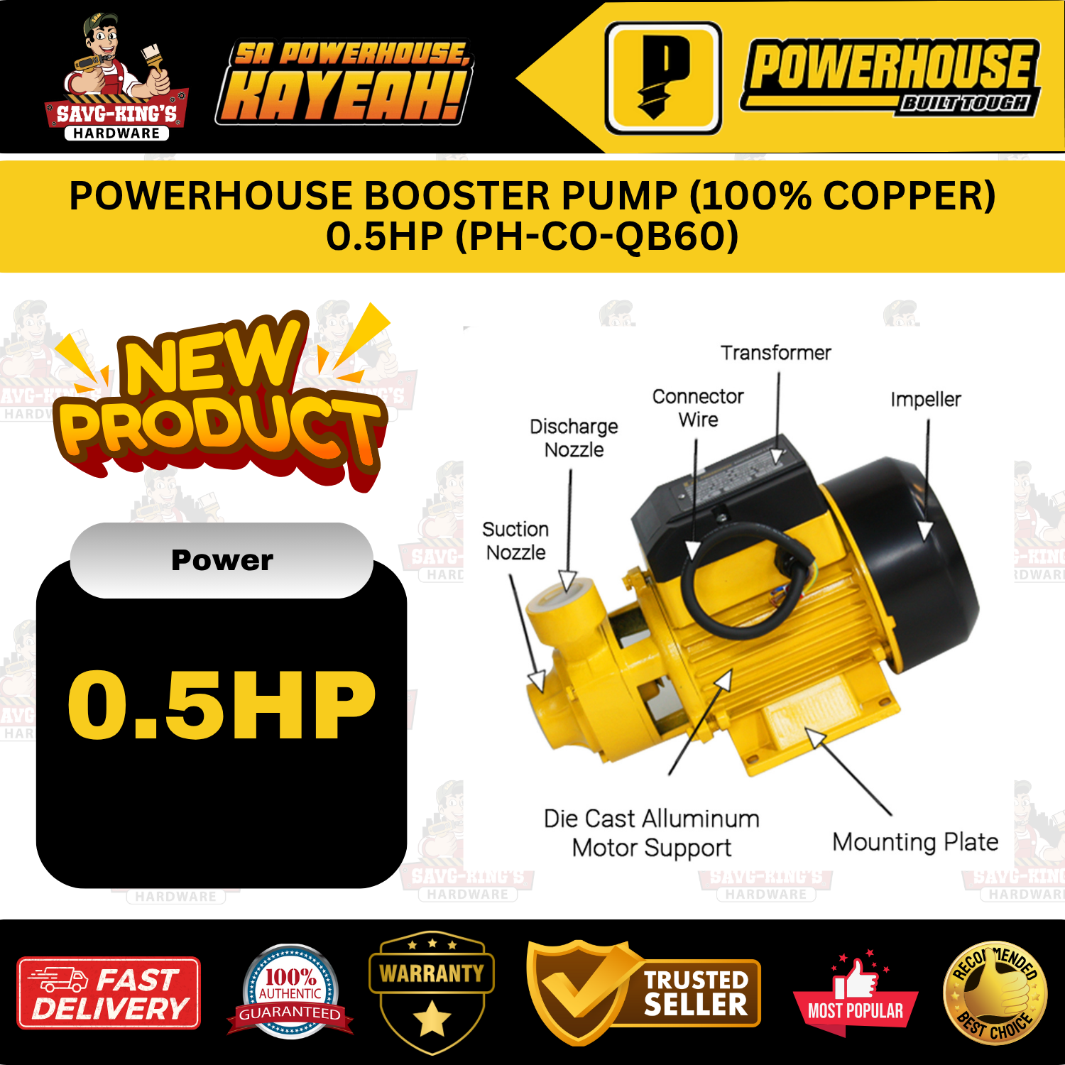 POWERHOUSE BOOSTER PUMP (100% COPPER) 0.5HP (PH-CO-QB60) - Image 6