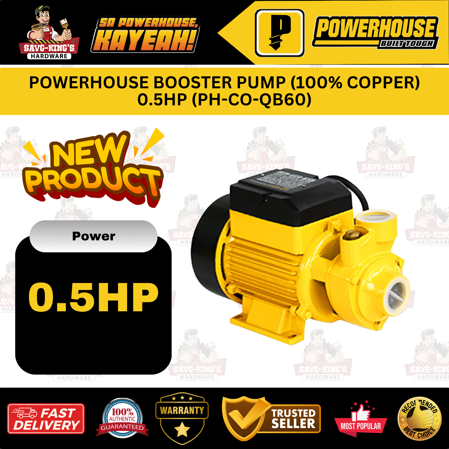 POWERHOUSE BOOSTER PUMP (100% COPPER) 0.5HP (PH-CO-QB60) - Image 3