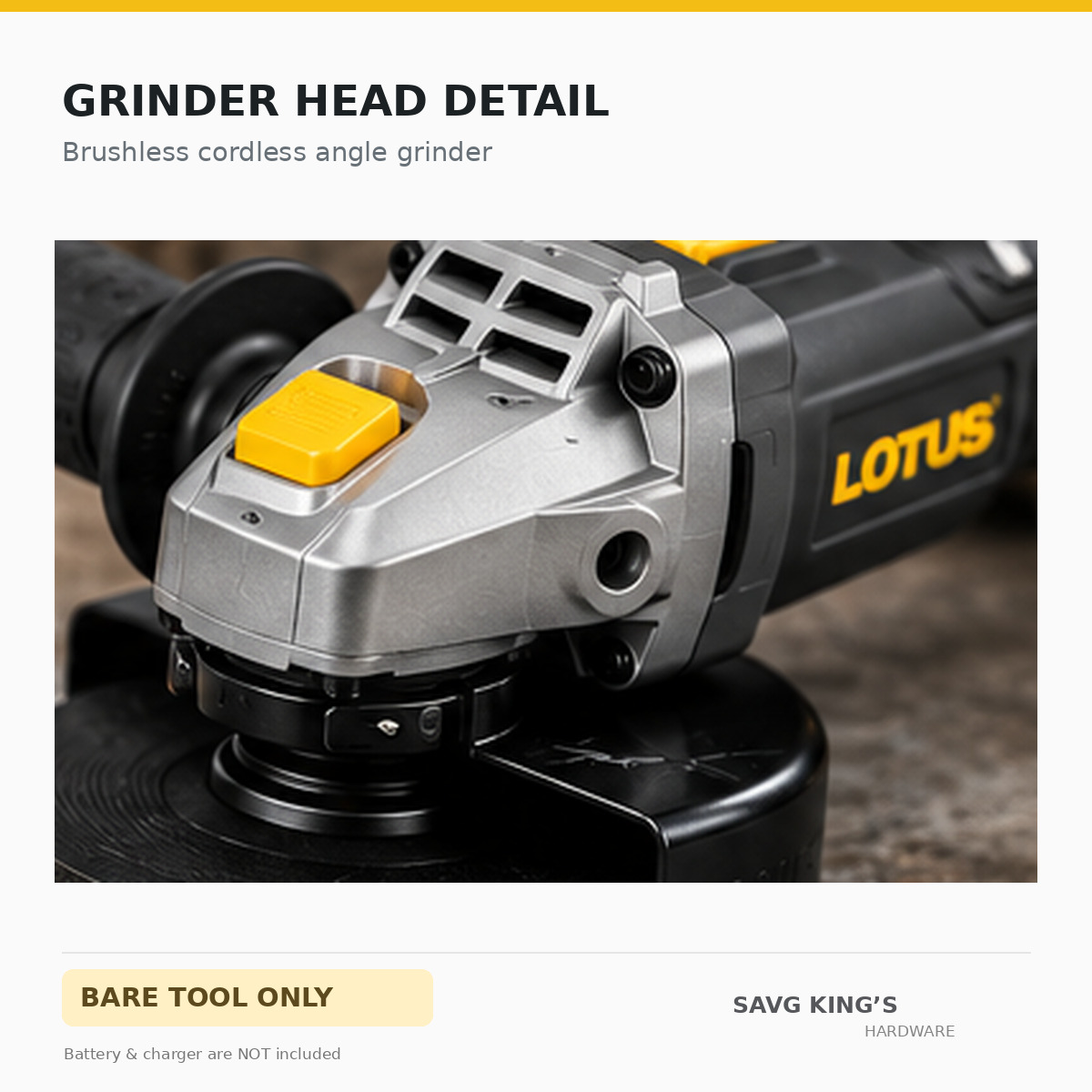 Lotus CXSG20V-100BL cordless angle grinder cutting head and guard detail
