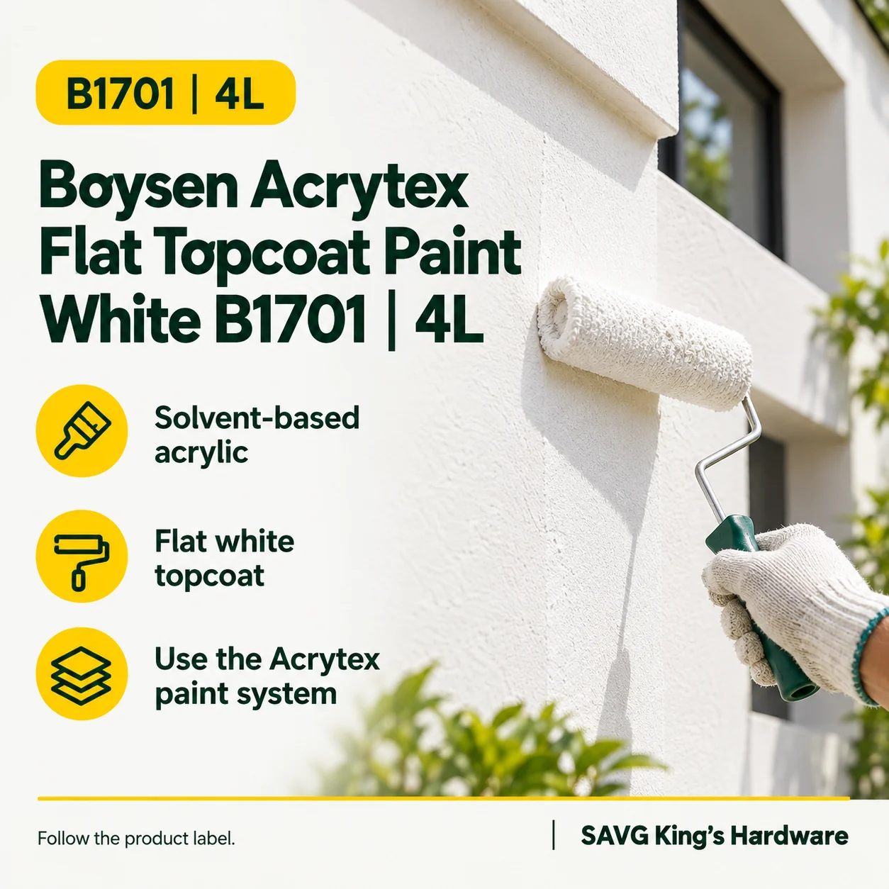 Boysen Acrytex Flat Topcoat Paint White B1701 – 4L product guide: Solvent-based acrylic; Flat white topcoat; Use the Acrytex paint system