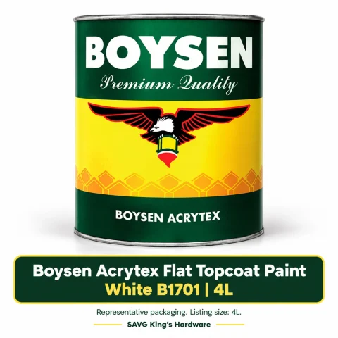 Boysen Acrytex Flat Topcoat Paint White B1701 – 4L listing with representative Boysen family packaging on white