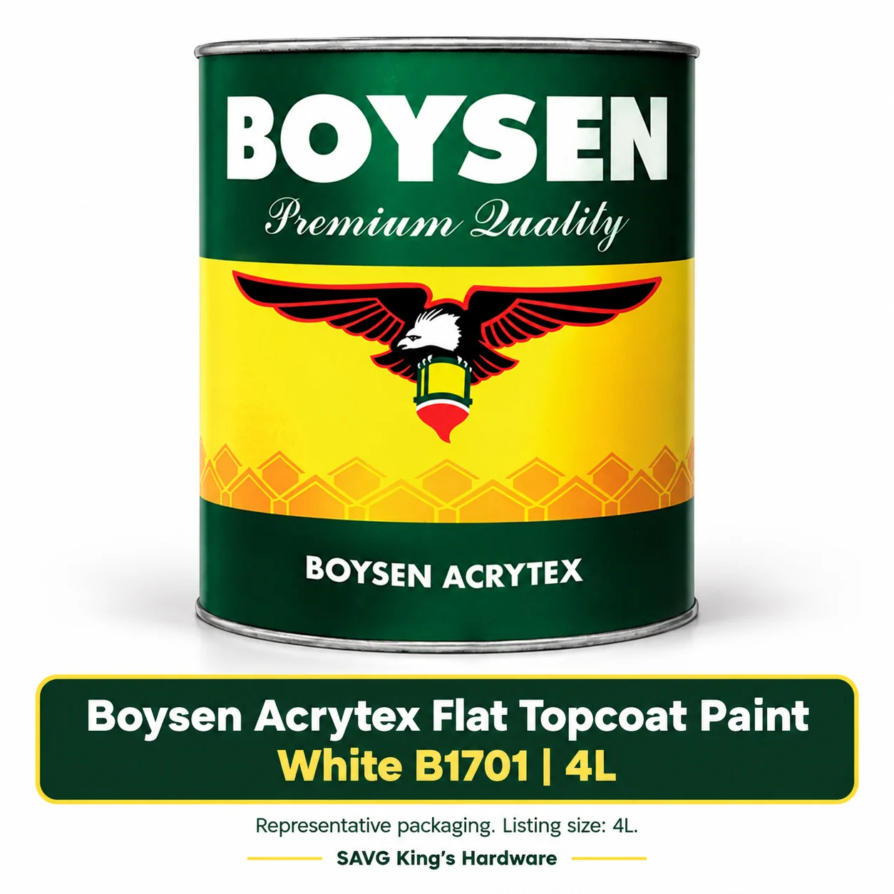 Boysen Acrytex Flat Topcoat Paint White B1701 – 4L listing with representative Boysen family packaging on white
