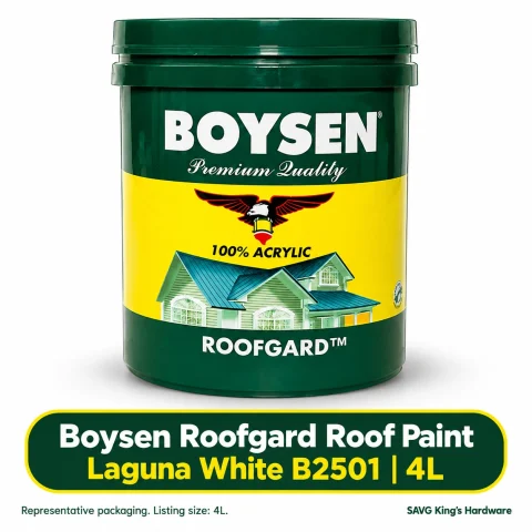 Boysen Roofgard Roof Paint Laguna White B2501 – 4L listing with representative Boysen family packaging on white