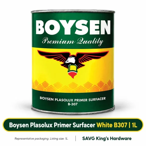 Boysen Plasolux Primer Surfacer White B307 – 1L listing with representative Boysen family packaging on white