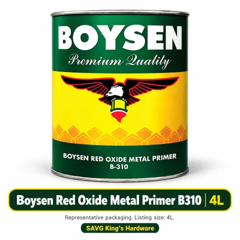 Boysen Red Oxide Metal Primer B310 – 4L listing with representative Boysen family packaging on white