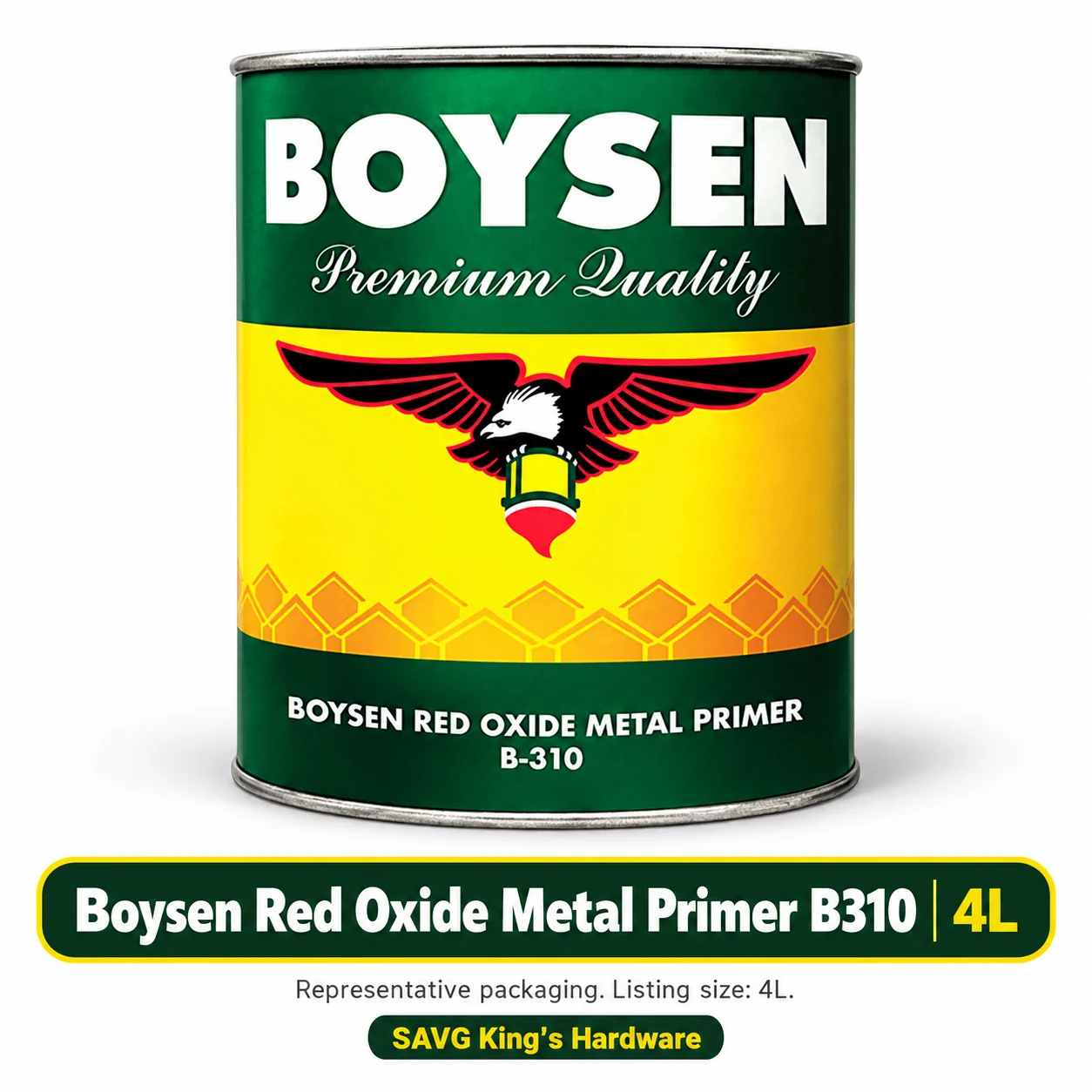 Boysen Red Oxide Metal Primer B310 – 4L listing with representative Boysen family packaging on white
