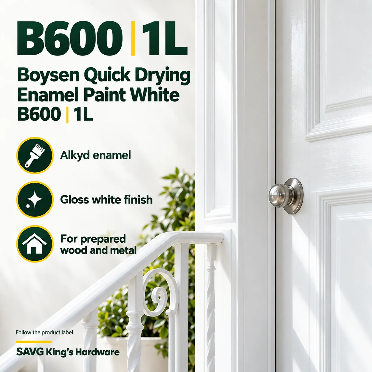 Boysen Quick Drying Enamel Paint White B600 – 1L product guide: Alkyd enamel; Gloss white finish; For prepared wood and metal
