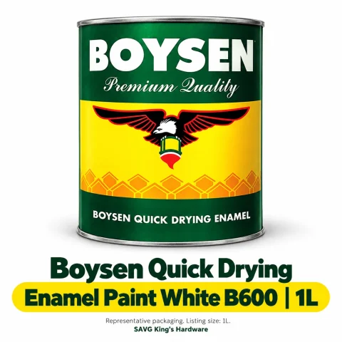 Boysen Quick Drying Enamel Paint White B600 – 1L listing with representative Boysen family packaging on white