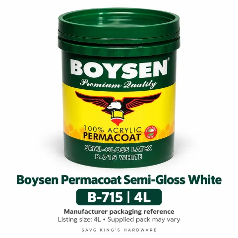 Boysen Permacoat Semi-Gloss Latex B-715 White label reference; listing size 4L, supplied pack may vary