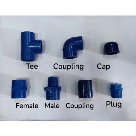 Blue PVC plumbing fittings — family reference image