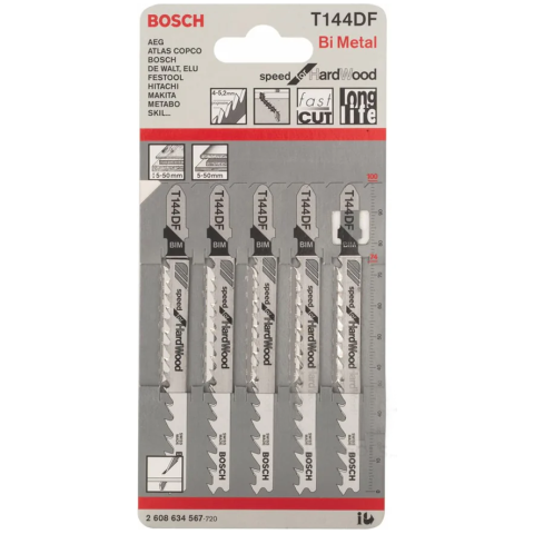Bosch T144DF Bi-Metal Hardwood Jigsaw Blades — 5-Pack — 2608634567