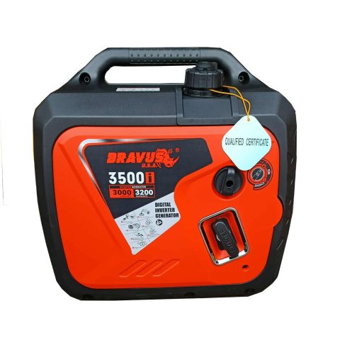 Bravus BR-3500I orange and black gasoline inverter generator, product side showing 3000W rated and 3200W maximum.