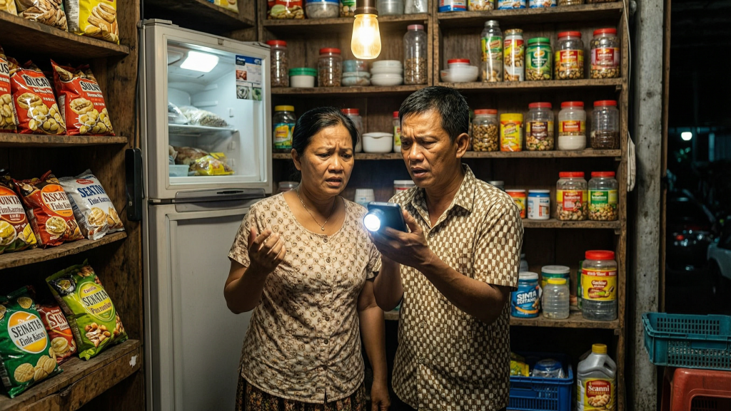 Filipino couple in a sari-sari store during a brownout, deciding what generator size they need