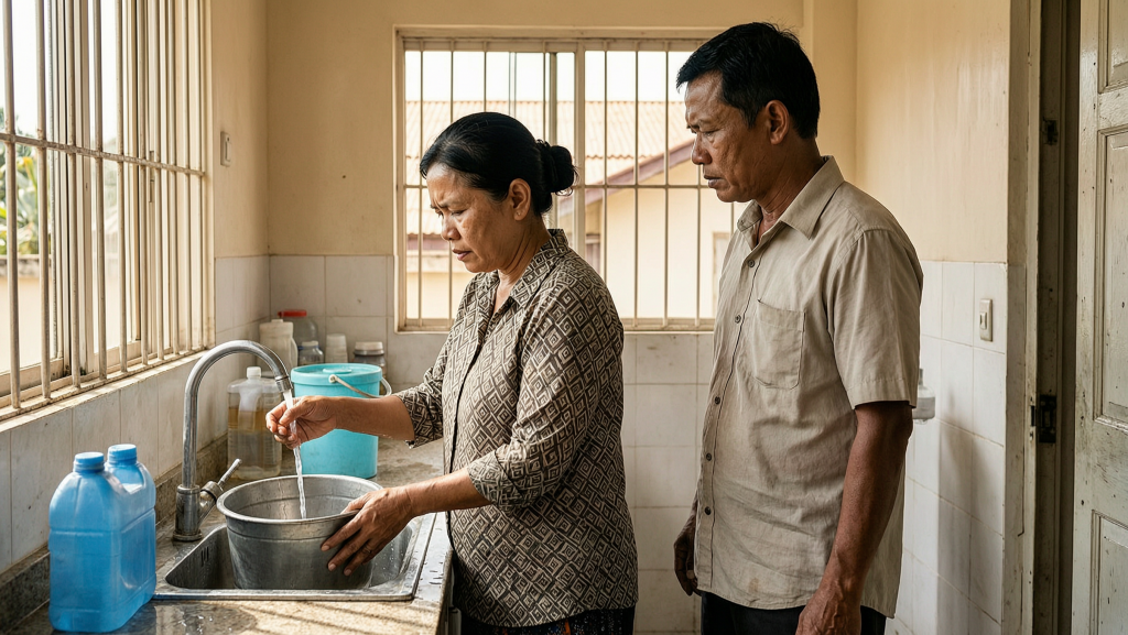 Filipino couple checking a weak faucet during a hot dry El Niño day