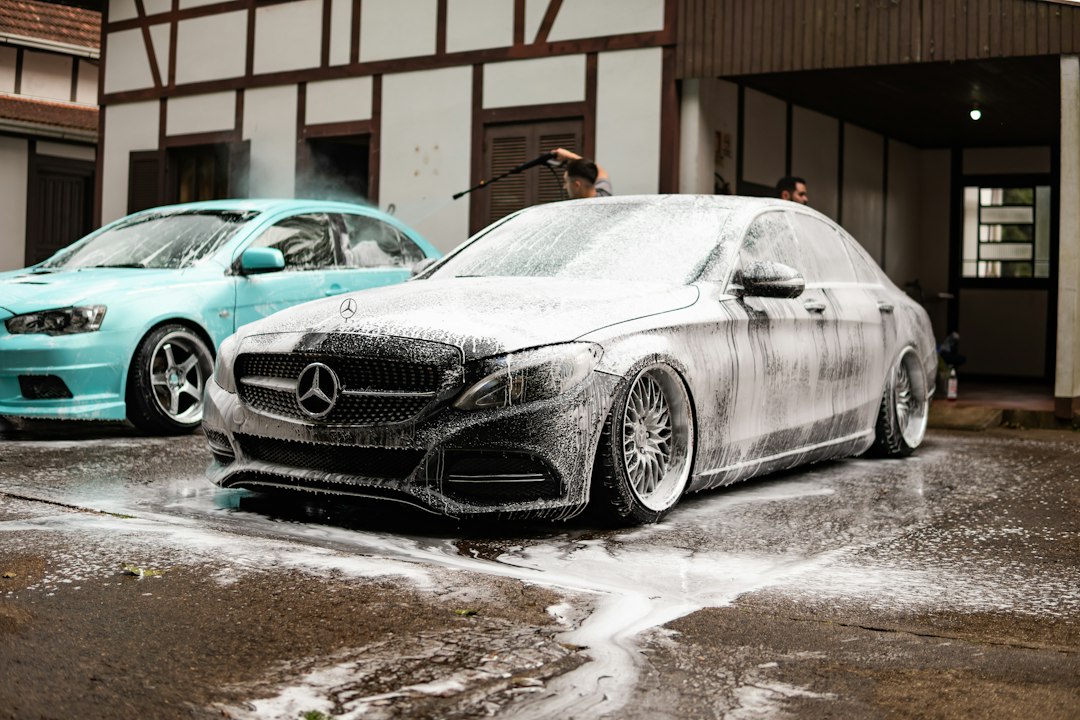 Cars undergoing foam washing