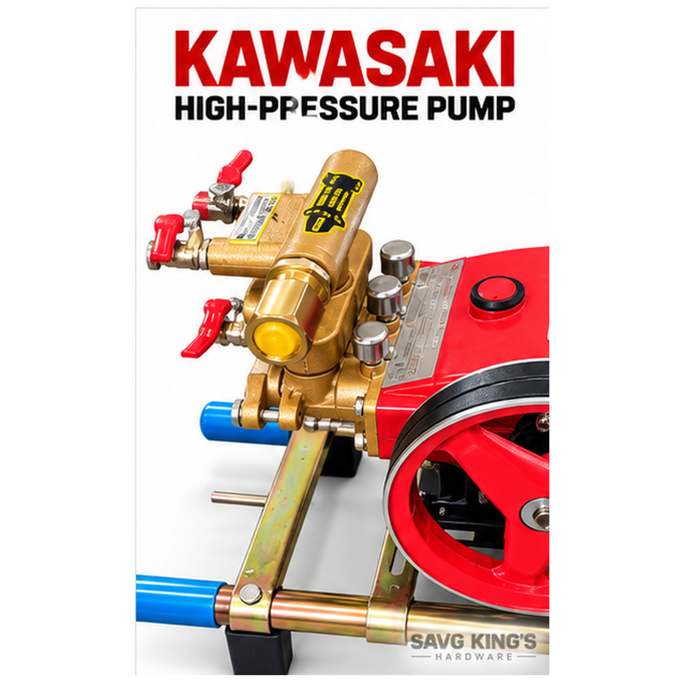 Kawasaki high pressure sprayer pump, brass manifold and red pump housing close-up