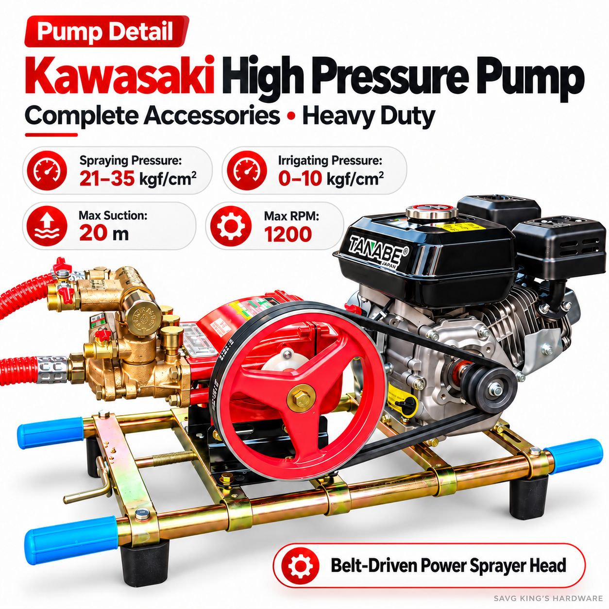 Premium Kawasaki high-pressure pump product image, brass pump head and belt-driven system with seller-provided pressure figures and subtle SAVG King's Hardware branding
