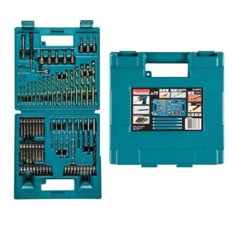 Makita B-49373 75-piece metric drill and screwdriver bit set opened beside Makita carrying case