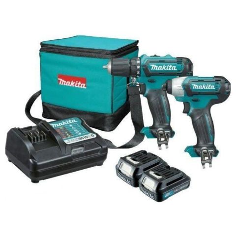 Makita CLX201 12V CXT cordless driver drill and impact-driver combo kit with charger batteries and carrying bag