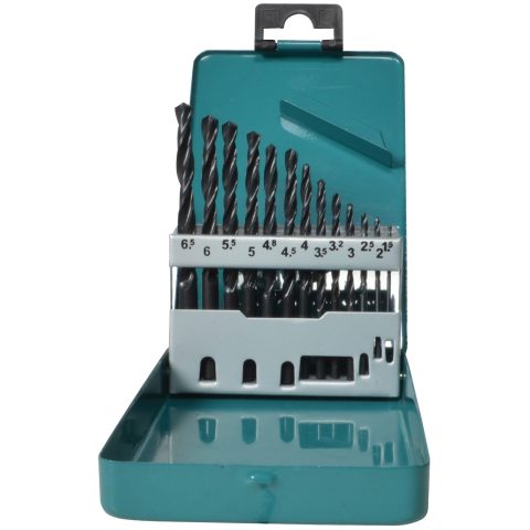 Makita D-54075 13-piece HSS-R metal drill bits in teal metal case, sizes 1.5 to 6.5mm