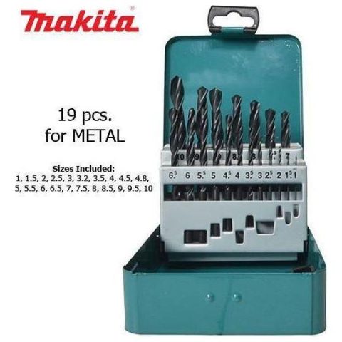 Makita D-54081 19-piece HSS-R metal drill bits in open teal metal storage case