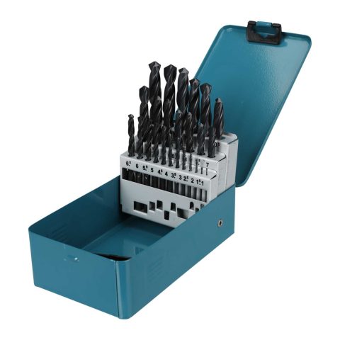 Makita D-54097 set of 25 HSS metal drill bits in open blue metal case