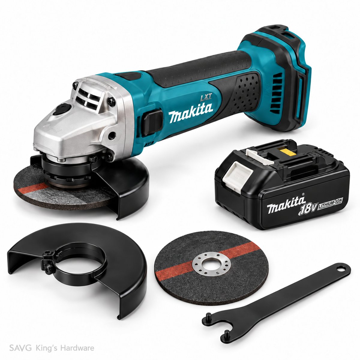 Makita DGA402RF grinder kit illustration with one 18V battery