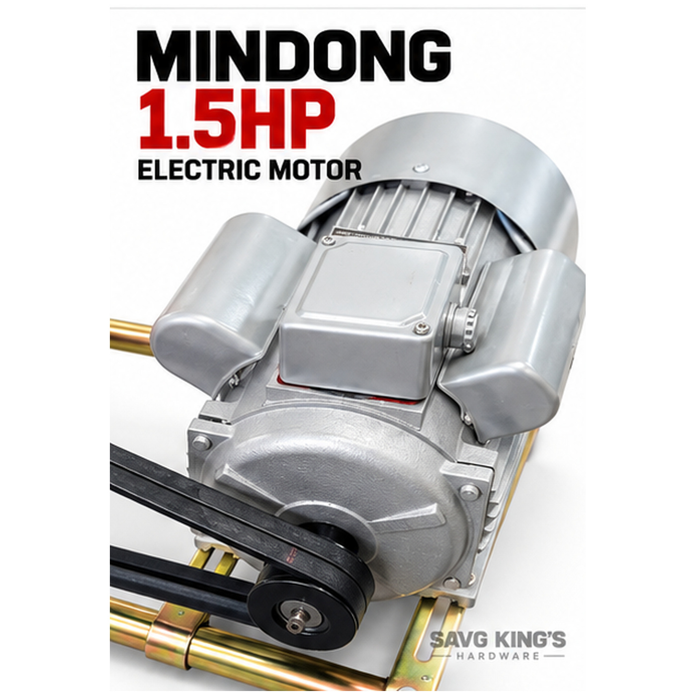 Silver Mindong 1.5 horsepower electric induction motor close-up showing housing and pulley