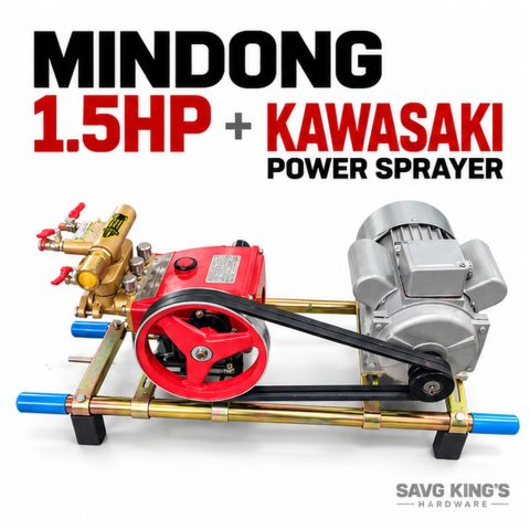 Mindong 1.5HP electric motor with Kawasaki power sprayer, red pulley, brass pump, belt drive, blue handles on white background with subtle SAVG King's Hardware branding