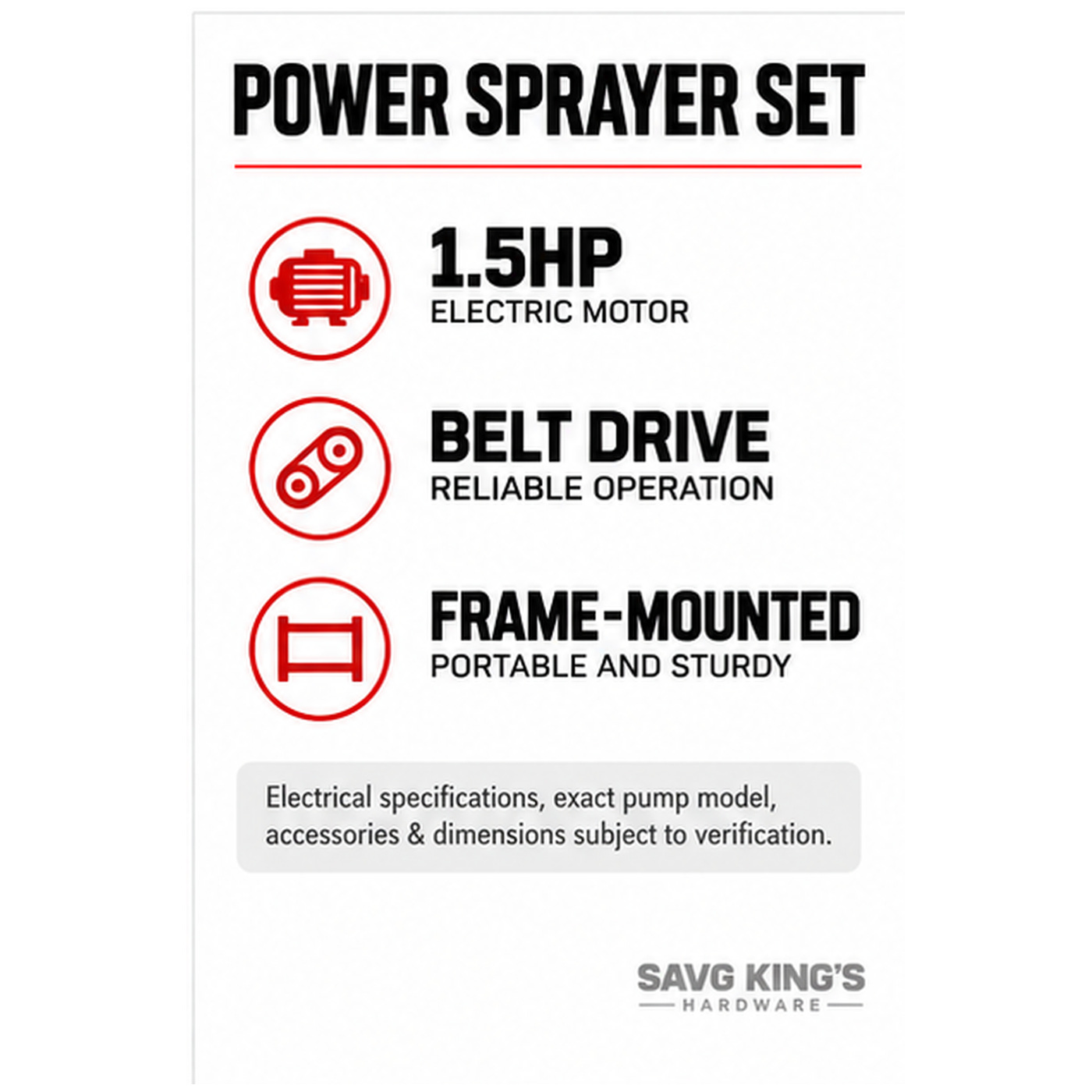 Mindong Kawasaki belt-driven sprayer set specifications overview showing 1.5HP motor, belt drive and frame