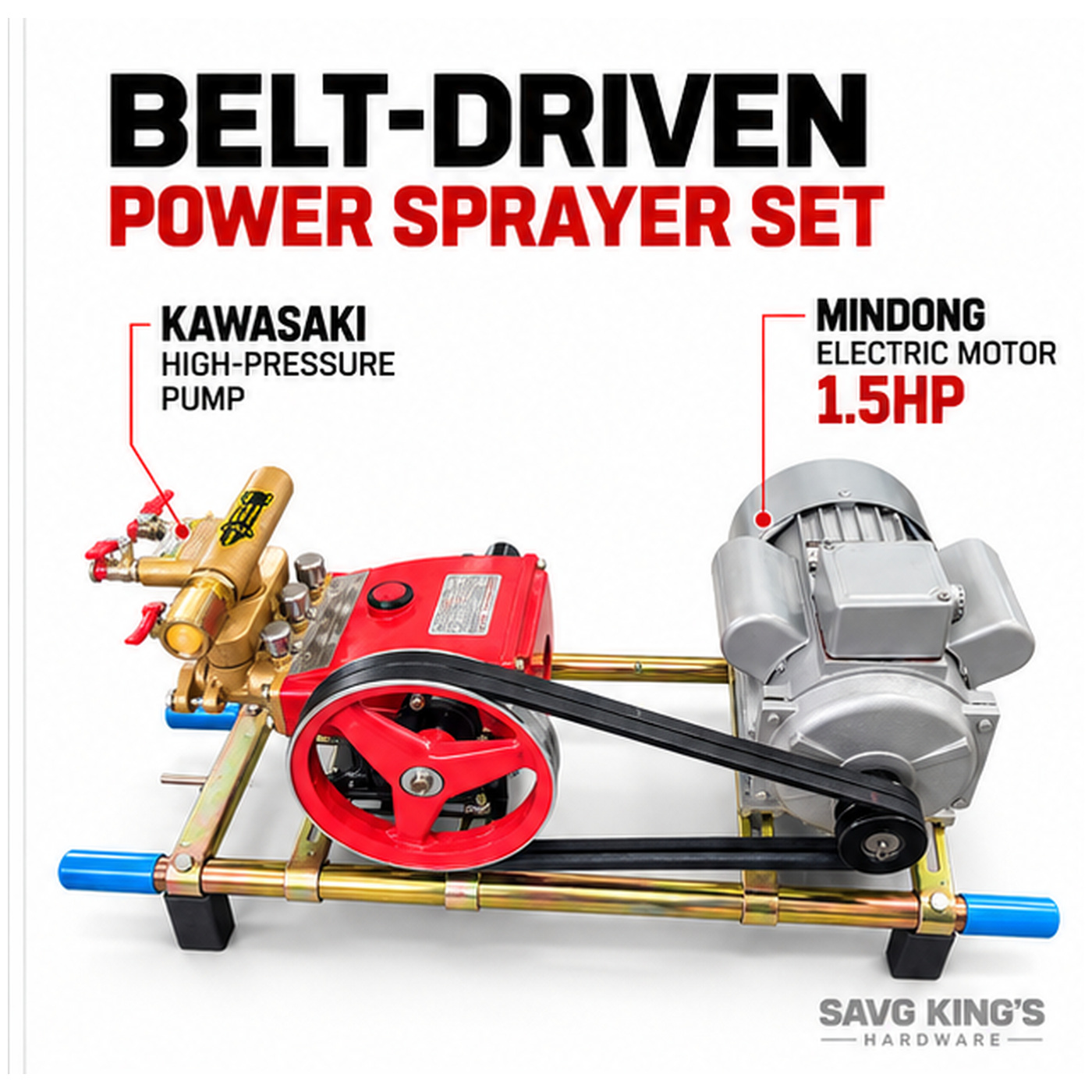 Mindong 1.5HP electric motor with Kawasaki high pressure pump and belt-drive overview on white