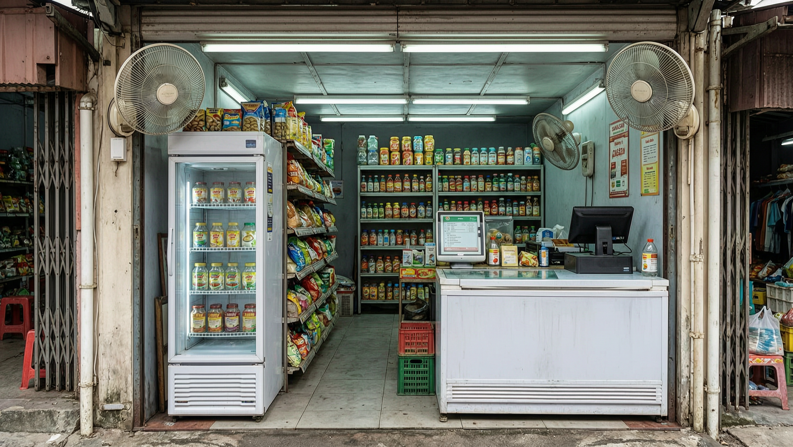 Filipino mini grocery with refrigerator, freezer, fans, lights and checkout equipment