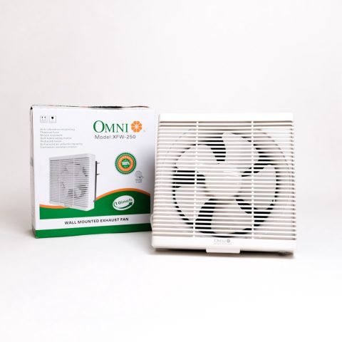 OMNI XFW-250-10 wall mounted exhaust fan packaging and product