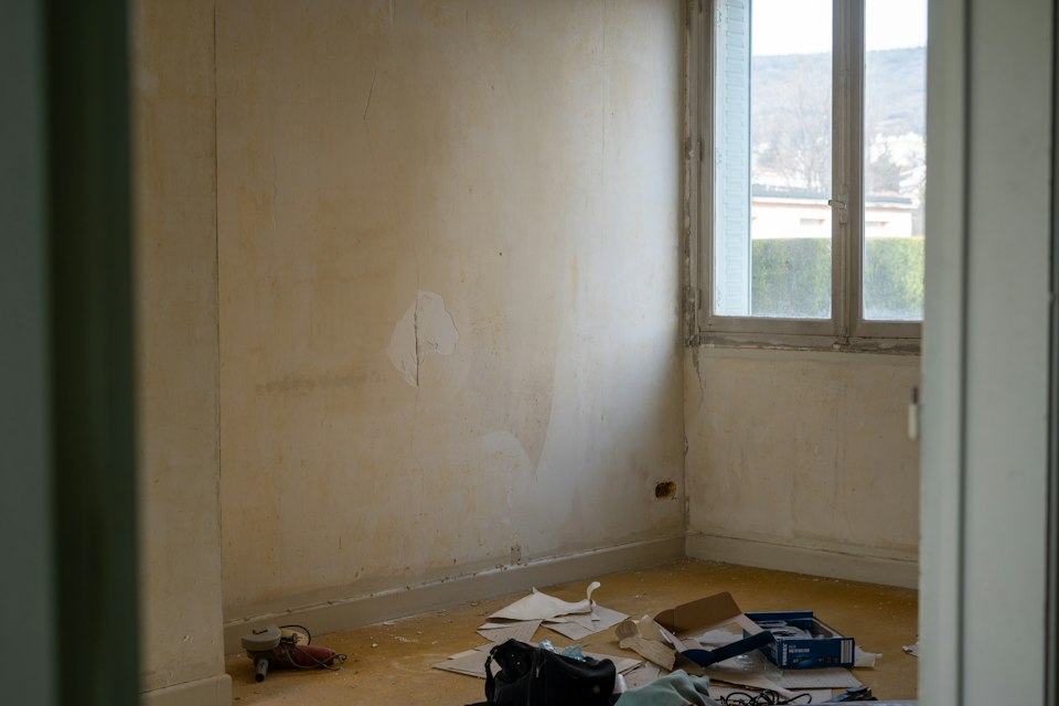 Interior room prepared for renovation before applying paint