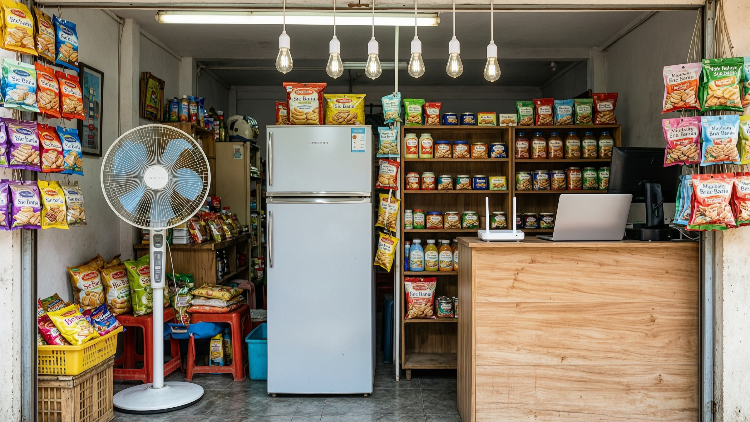 Filipino sari-sari store showing a refrigerator, fan, lights, Wi-Fi and POS equipment
