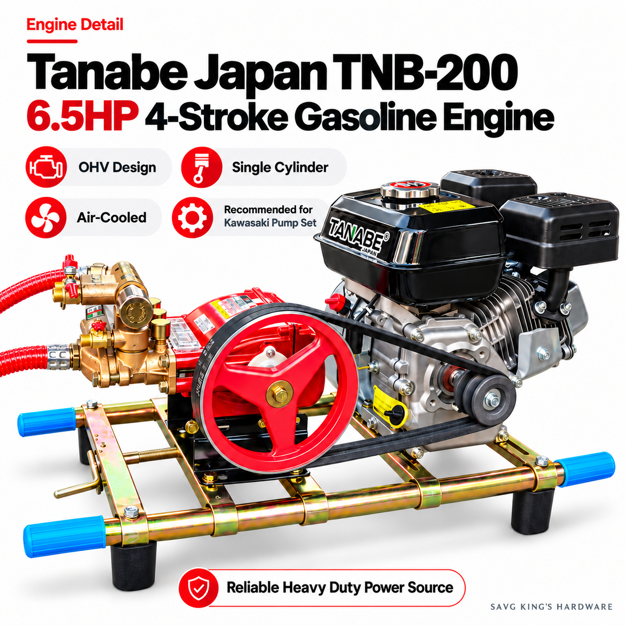 Tanabe Japan TNB-200 6.5HP four-stroke OHV gasoline engine detail with subtle SAVG King's Hardware logo text