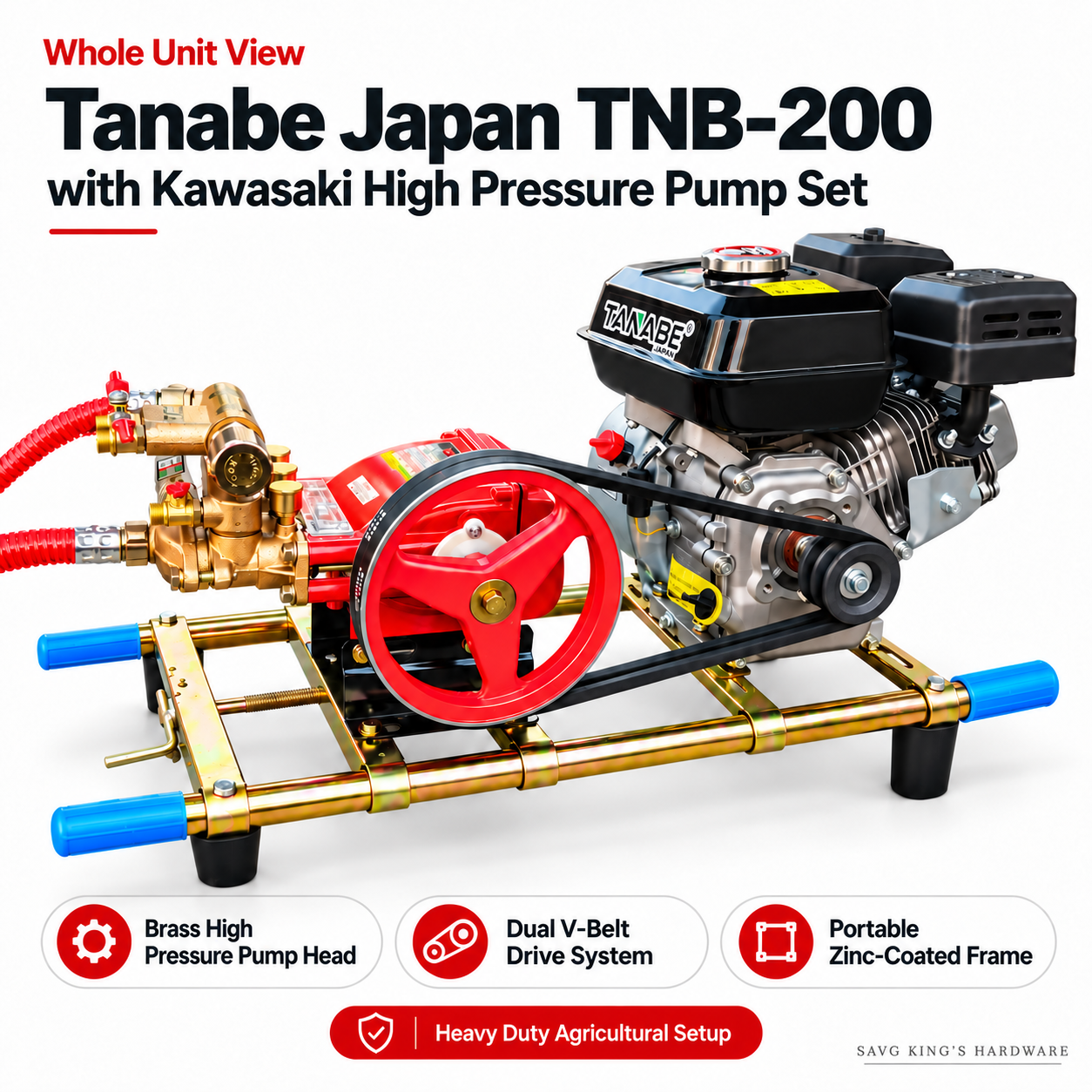 Tanabe Japan TNB-200 with Kawasaki high pressure pump, premium white background and feature icons with subtle SAVG King's Hardware branding