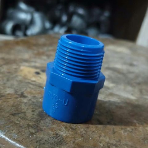 Blue PVC-U male threaded adapter marked 25mm 3/4 inch, real SAVG product photo