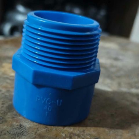 Blue PVC-U male threaded adapter, marked 40mm, actual SAVG King's Hardware product photo