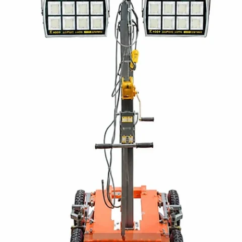 Yamato YSMLV-400 four-head LED lighting tower on orange wheeled chassis, without generator, cleaned white background — SAVG King's Hardware