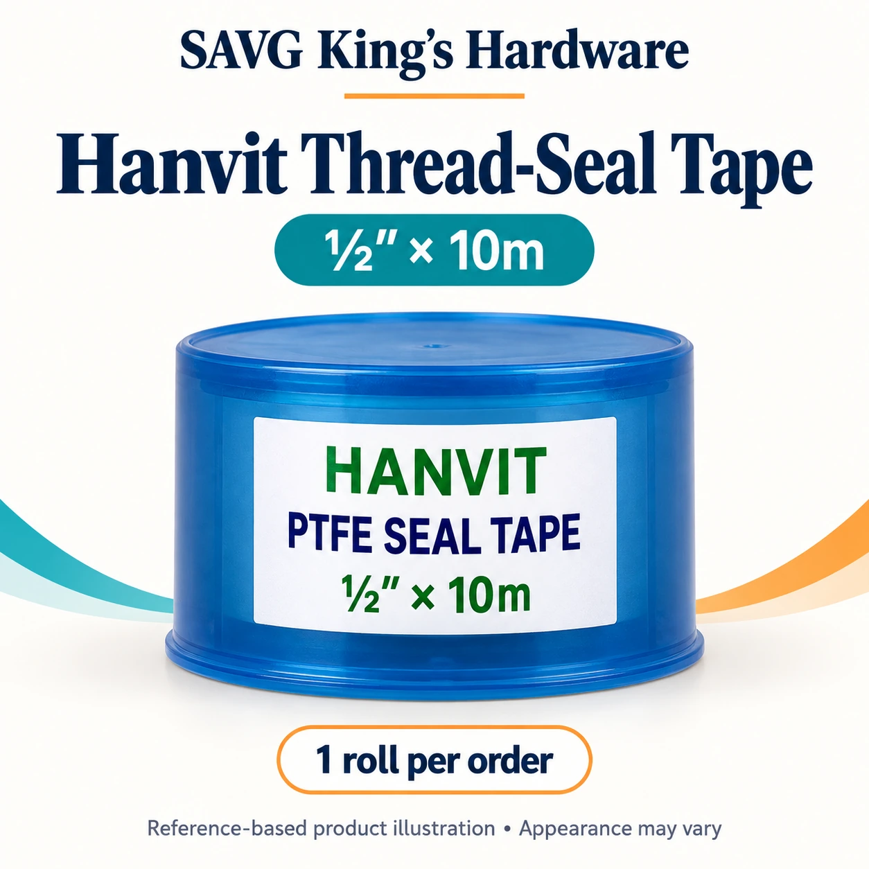 Hanvit PTFE Thread-Seal Tape ½″ × 10m — reference-based product illustration, sold as 1 roll